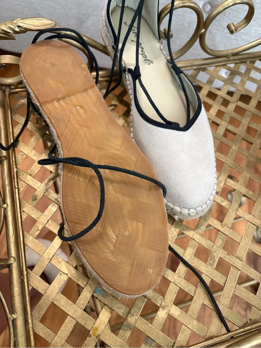 Free People Cream Espadrille Lace-Up Flats with Black Trim